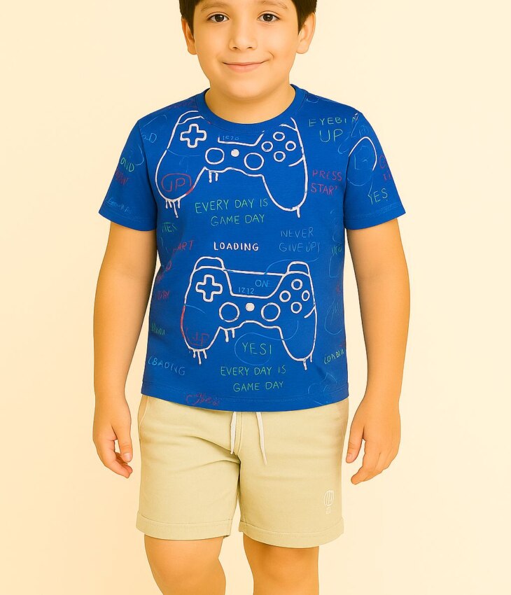 Conjunto Infantil Masculino Blusa Manga Curta e Bermuda Game Day Fernanda Ramos Kids