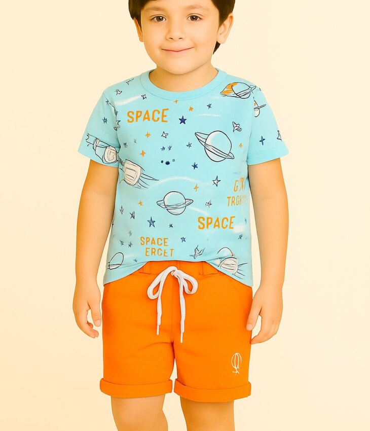 Conjunto Infantil Masculino Blusa Manga Curta e Bermuda Space Fernanda Ramos Kids