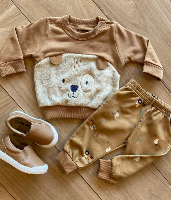 fernandaramoskids com br Conjunto Infantil Masculino Blusão Cachorrinho e Calça Jogger Bege1