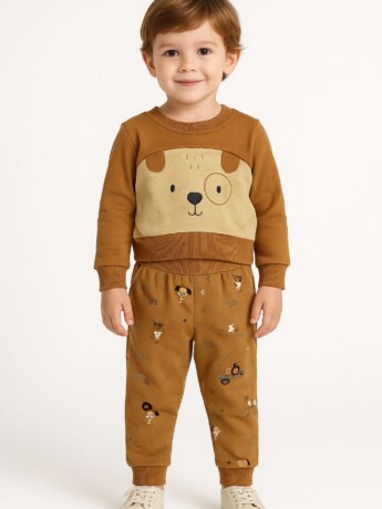 Conjunto Infantil Masculino Blusão Cachorrinho e Calça Jogger Bege Fernanda Ramos Kids