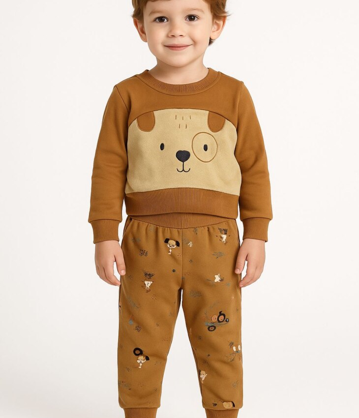 Conjunto Infantil Masculino Blusão Cachorrinho e Calça Jogger Bege Fernanda Ramos Kids