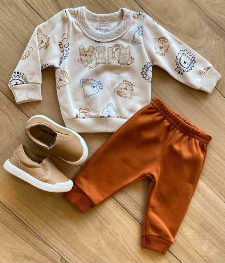 Conjunto Infantil Masculino Blusão Estampa e Calça Jogger Caramelo Fernanda Ramos Kids