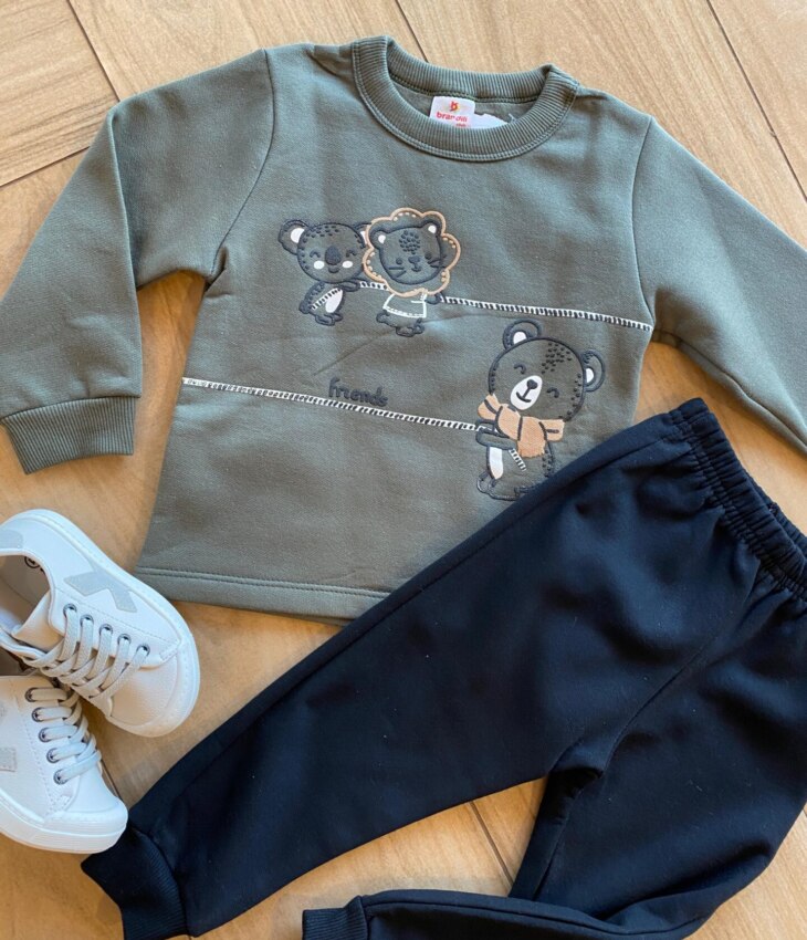 fernandaramoskids com br Conjunto Infantil Masculino Blusão Verde Urso e Calça Jogger Preta1
