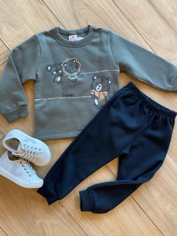 Conjunto Infantil Masculino Blusão Verde Urso e Calça Jogger Preta Fernanda Ramos Kids