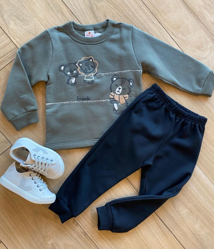 Conjunto Infantil Masculino Blusão Verde Urso e Calça Jogger Preta Fernanda Ramos Kids