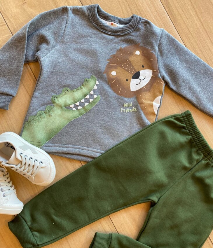 fernandaramoskids com br Conjunto Infantil Masculino Blusão Wild Friends e Calça Jogger Verde1