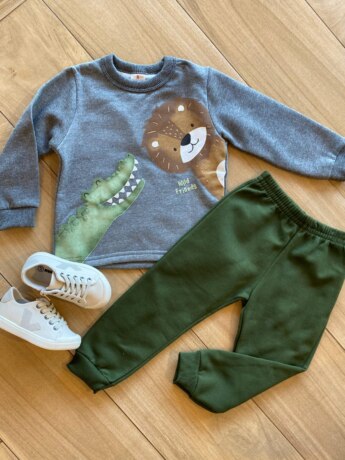 Conjunto Infantil Masculino Blusão Wild Friends e Calça Jogger Verde Fernanda Ramos Kids