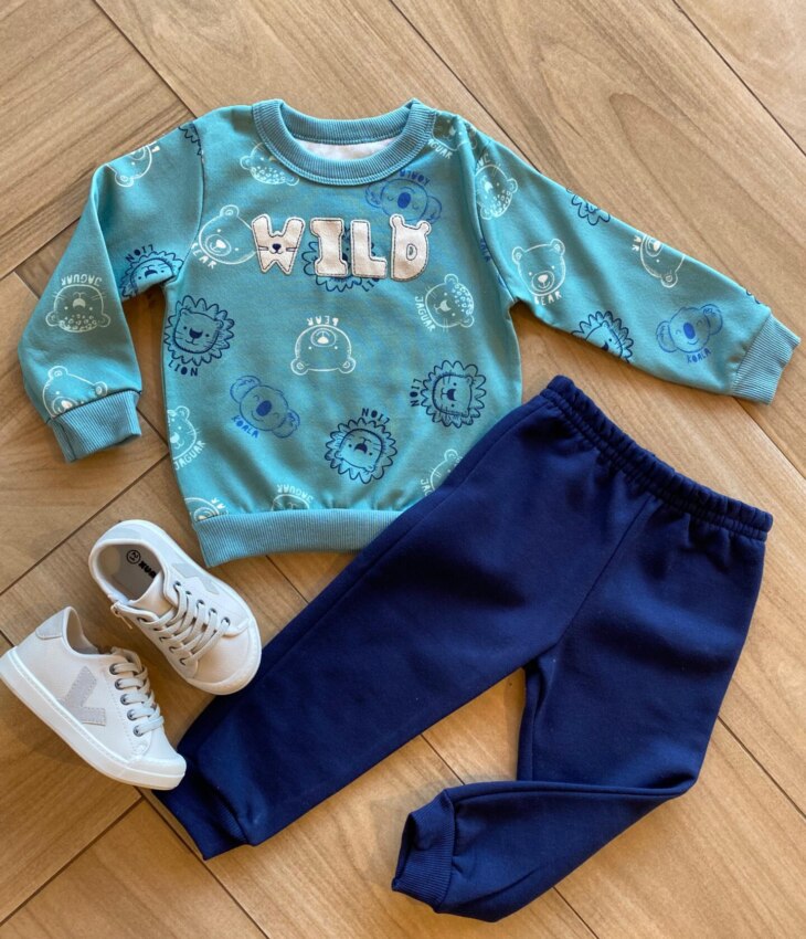 Conjunto Infantil Masculino Blusão Wild Verde e Calça Jogger Azul Fernanda Ramos Kids