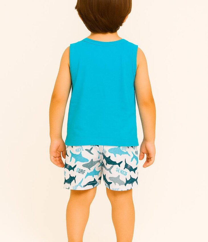 Conjunto Infantil Masculino Regata Azul e Bermuda Shark Fernanda Ramos Kids