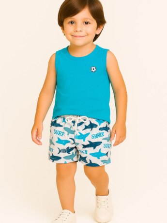 Conjunto Infantil Masculino Regata Azul e Bermuda Shark Fernanda Ramos Kids