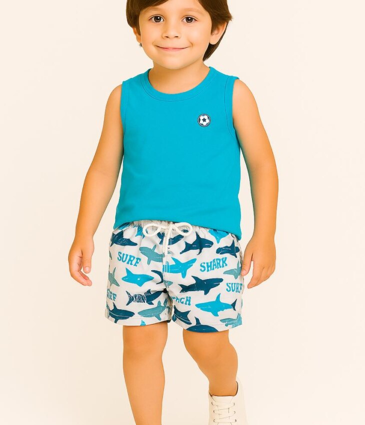 Conjunto Infantil Masculino Regata Azul e Bermuda Shark Fernanda Ramos Kids