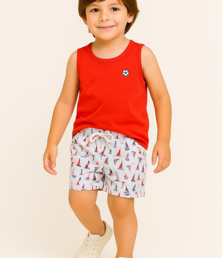 Conjunto Infantil Masculino Regata Coral e Bermuda Barquinho Fernanda Ramos Kids