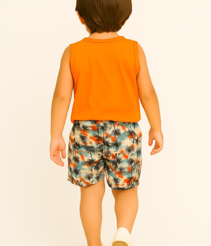 Conjunto Infantil Masculino Regata Laranja e Bermuda Coqueiros Fernanda Ramos Kids