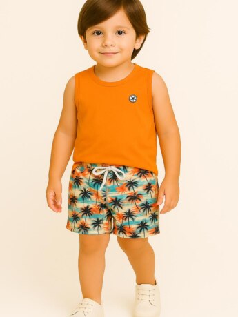 Conjunto Infantil Masculino Regata Laranja e Bermuda Coqueiros Fernanda Ramos Kids