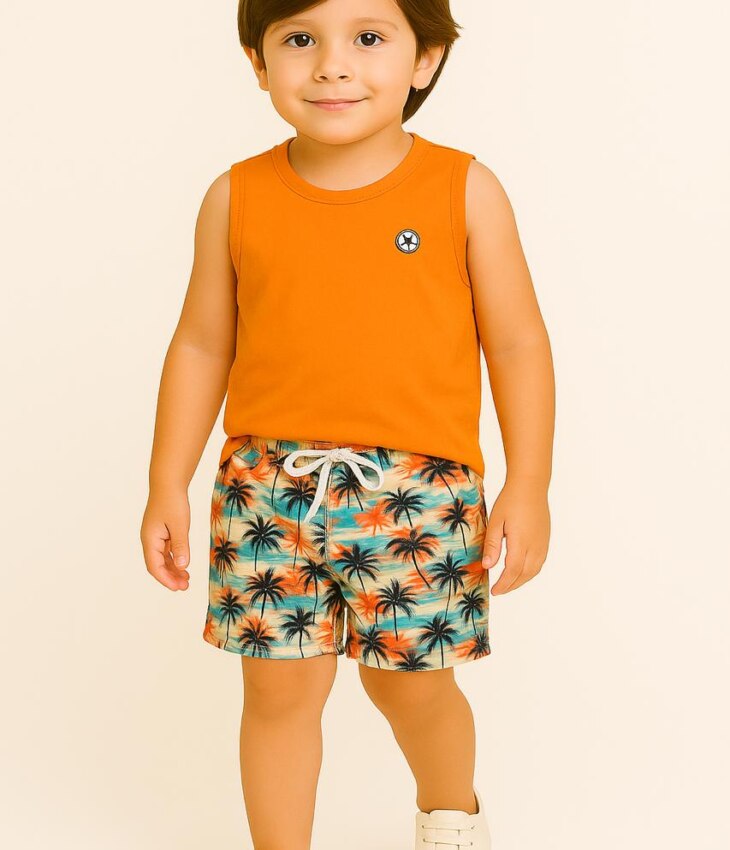 Conjunto Infantil Masculino Regata Laranja e Bermuda Coqueiros Fernanda Ramos Kids