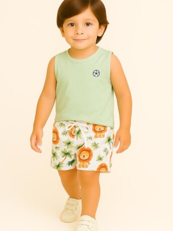 Conjunto Infantil Masculino Regata Verde e Bermuda Leãozinho Fernanda Ramos Kids