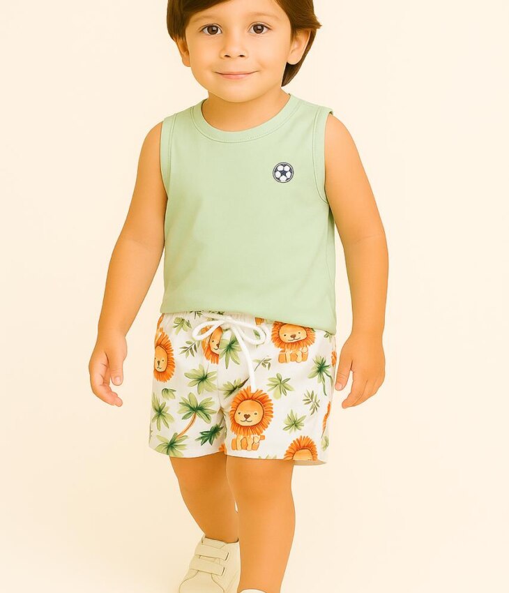 Conjunto Infantil Masculino Regata Verde e Bermuda Leãozinho Fernanda Ramos Kids