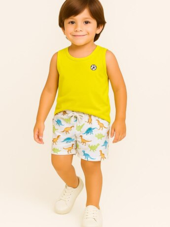 Conjunto Infantil Masculino Regata Verde Lima e Bermuda Estampada Fernanda Ramos Kids