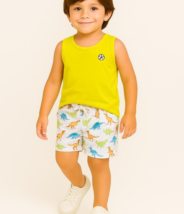 Conjunto Infantil Masculino Regata Verde Lima e Bermuda Estampada Fernanda Ramos Kids