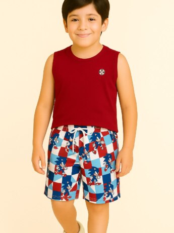 Conjunto Infantil Masculino Regata Vermelha e Bermuda Quadriculada Fernanda Ramos Kids