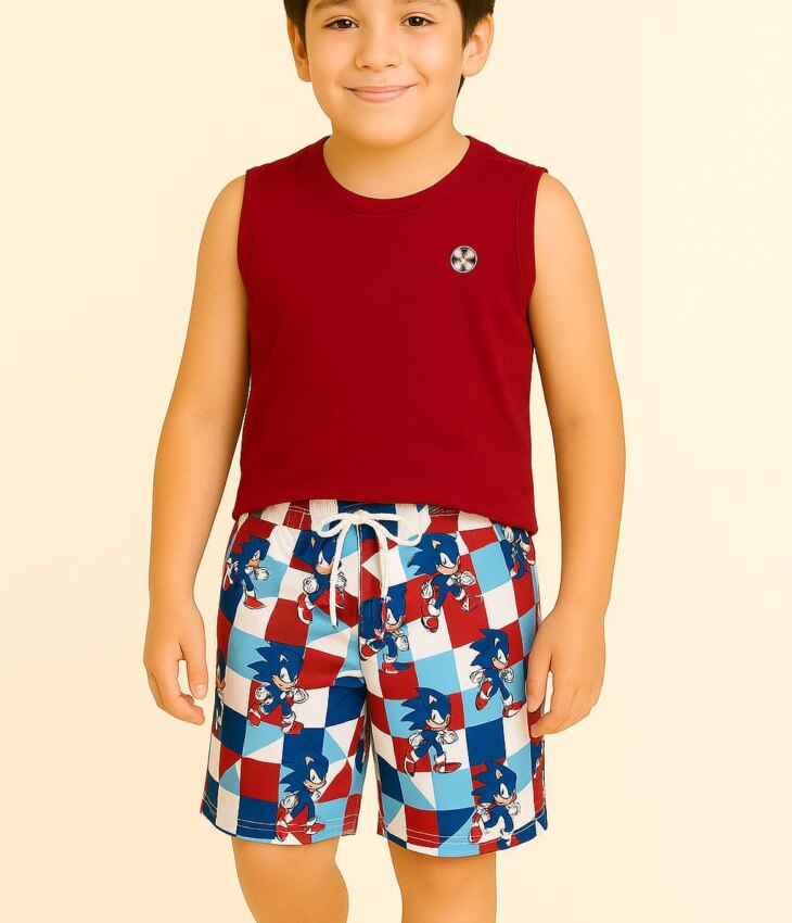 Conjunto Infantil Masculino Regata Vermelha e Bermuda Quadriculada Fernanda Ramos Kids