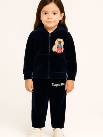 Conjunto Infantil Veludo Blusa Manga Longa e Calça Azul Capivara fernanda ramos kids