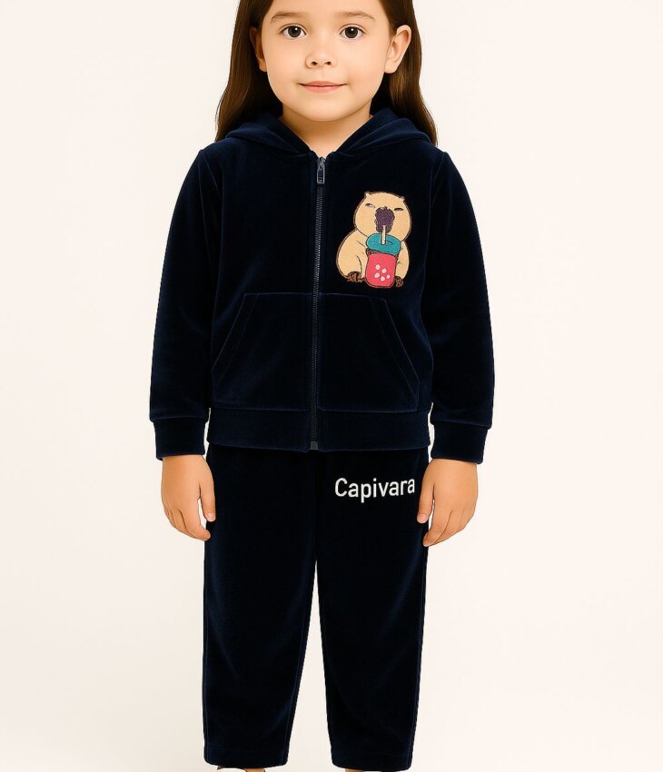 Conjunto Infantil Veludo Blusa Manga Longa e Calça Azul Capivara fernanda ramos kids