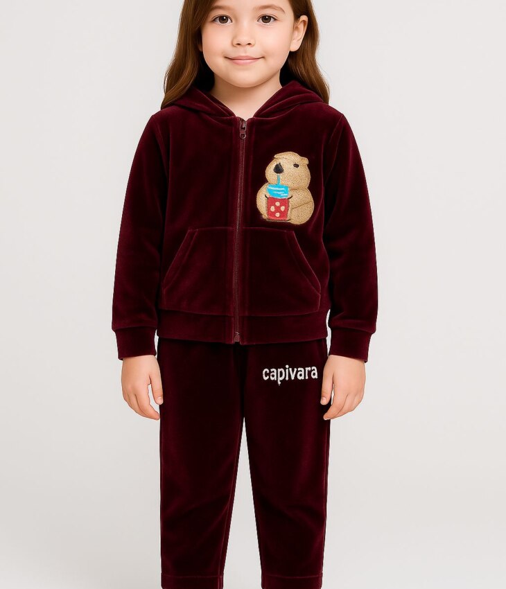 Conjunto Infantil Veludo Blusa Manga Longa e Calça Marsala Capivara fernanda ramos kids