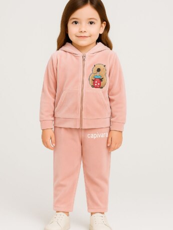 Conjunto Infantil Veludo Blusa Manga Longa e Calça Rosa Capivara fernanda ramos kids