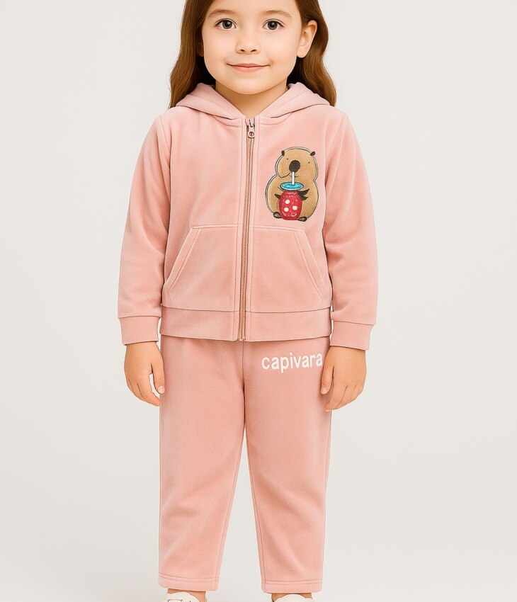 Conjunto Infantil Veludo Blusa Manga Longa e Calça Rosa Capivara fernanda ramos kids