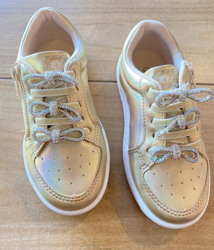 Tênis Infantil Feminino Detalhes em Laços com Strass Dourado Fernanda Ramos Kids