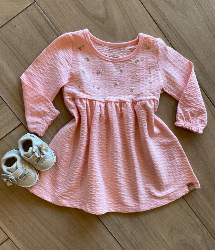Vestido Infantil Feminino Manga Longa Bordado Florzinhas Rosa Fernanda Ramos Kids