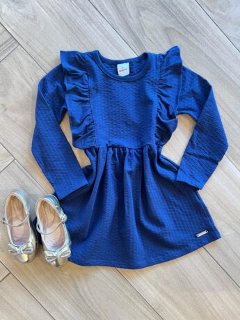Vestido Infantil Feminino Manga Longa com Babado Azul Marinho Fernanda Ramos KIds