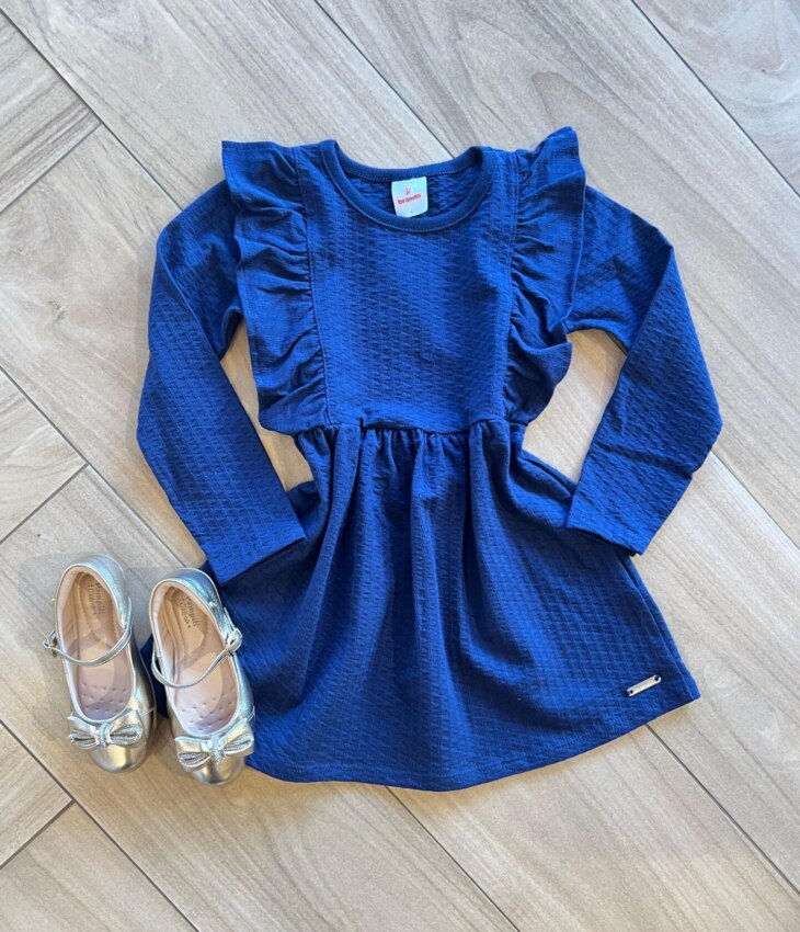 Vestido Infantil Feminino Manga Longa com Babado Azul Marinho Fernanda Ramos KIds