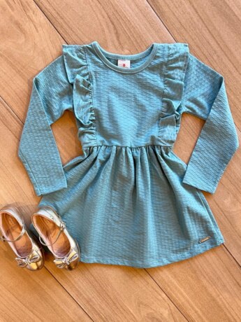 Vestido Infantil Feminino Manga Longa com Babado Verde Fernanda Ramos Kids