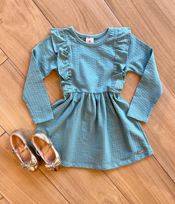 Vestido Infantil Feminino Manga Longa com Babado Verde Fernanda Ramos Kids