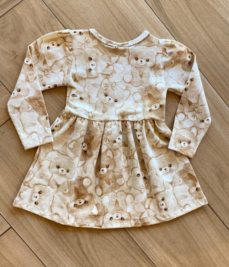 Vestido Infantil Feminino Manga Longa Estampa Ursinho Bege Fernanda Ramos Kids
