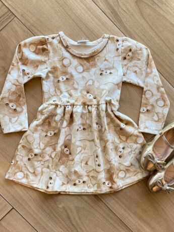 Vestido Infantil Feminino Manga Longa Estampa Ursinho Bege Fernanda Ramos Kids