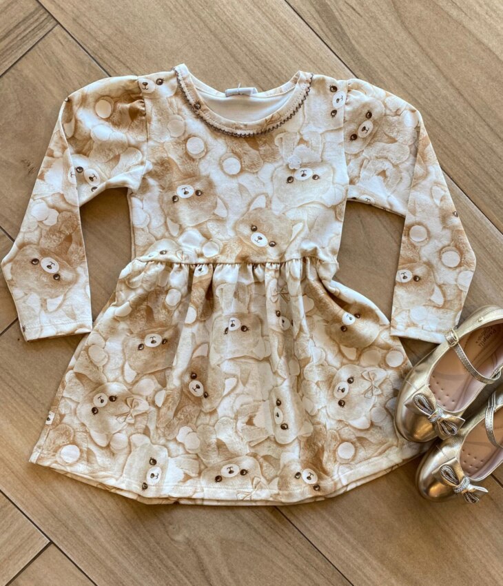 Vestido Infantil Feminino Manga Longa Estampa Ursinho Bege Fernanda Ramos Kids