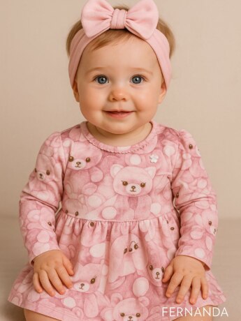 Vestido Infantil Feminino Manga Longa Estampa Ursinho Rosa Fernanda Ramos Kids