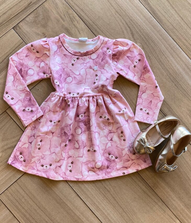 Vestido Infantil Feminino Manga Longa Estampa Ursinho Rosa Fernanda Ramos Kids
