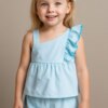 Conjunto Infantil Blusa com Babado Short e Laço Listrado Azul Fernanda Ramos Kids