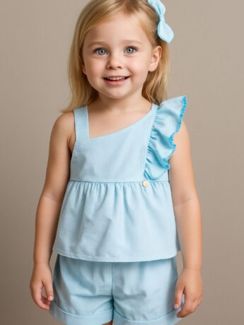 Conjunto Infantil Blusa com Babado Short e Laço Listrado Azul Fernanda Ramos Kids