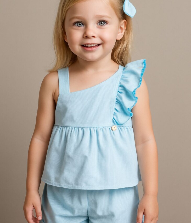 Conjunto Infantil Blusa com Babado Short e Laço Listrado Azul Fernanda Ramos Kids