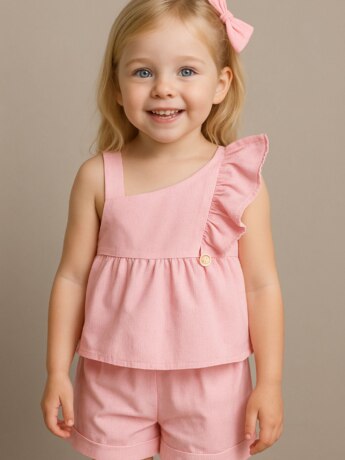 Conjunto Infantil Blusa com Babado Short e Laço Listrado Rosa Fernanda Ramos Kids