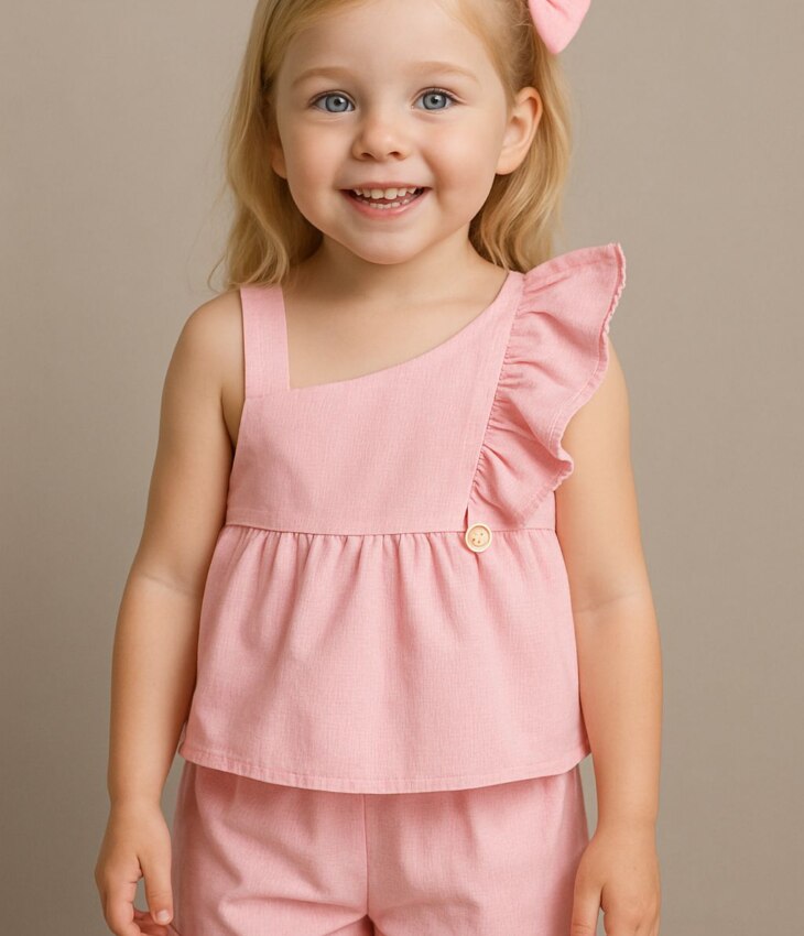 Conjunto Infantil Blusa com Babado Short e Laço Listrado Rosa Fernanda Ramos Kids