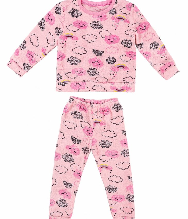 Pijama Infantil Feminino Blusa Manga Longa e Calça Nuvens Rosa Fernanda Ramos Kids