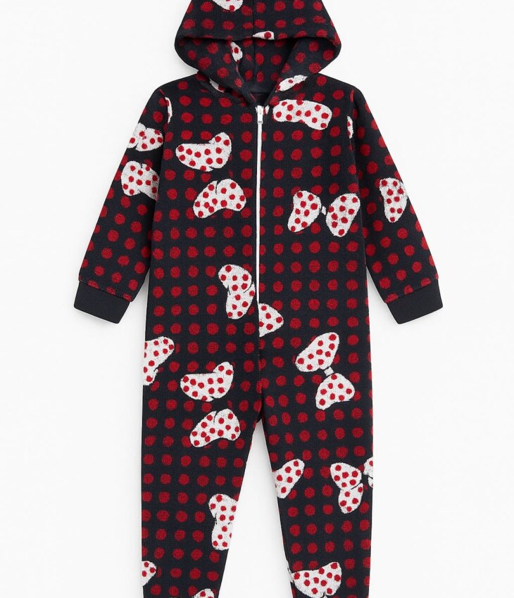 Pijama Macacão Infantil Feminino Peluciado com Bolinhas Preto Fernanda Ramos Kids