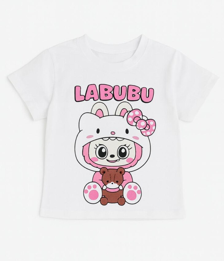 Blusa Infantil Feminina Manga Curta Estampa Bonequinho Off White Fernanda Ramos Kids