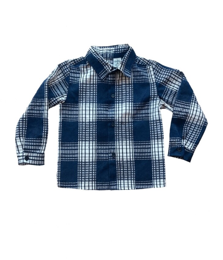 Camisa Infantil Masculina Manga Longa Xadrez Azul e Branca Fernanda Ramos Kids